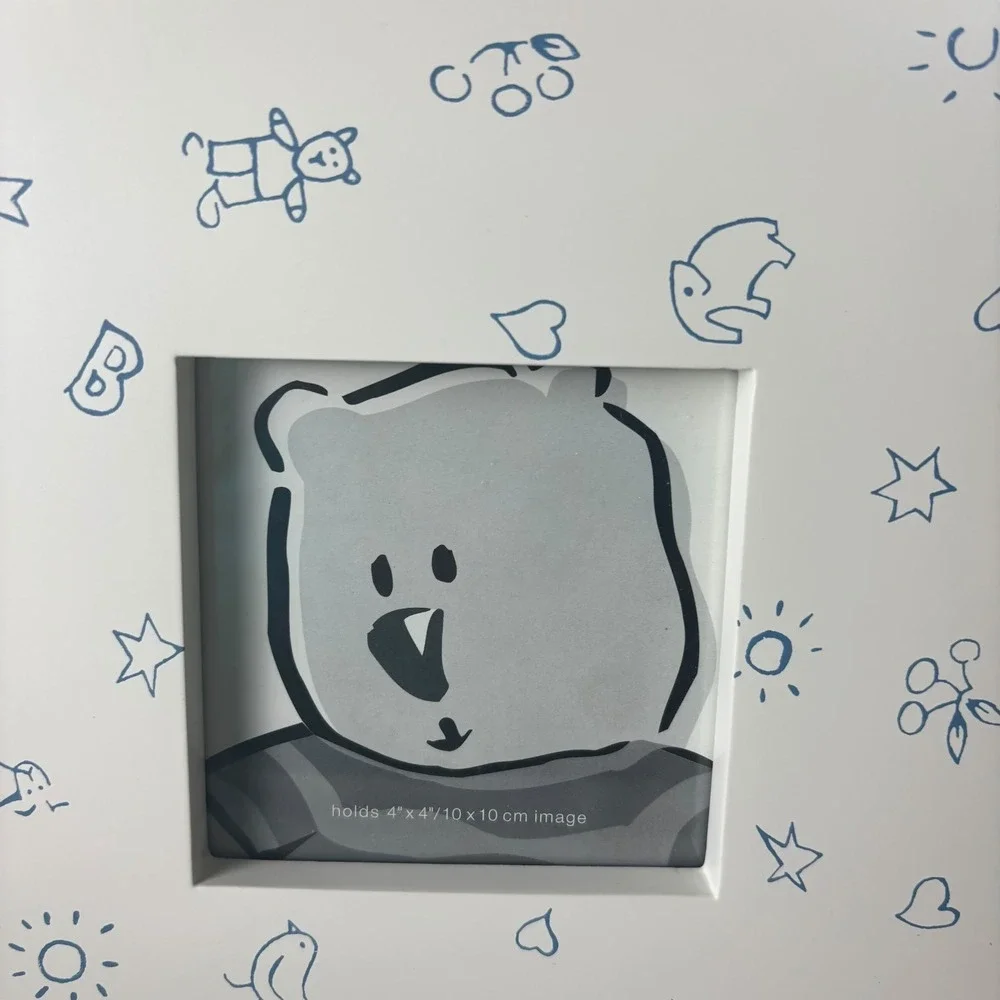Baby GAP Wood Picture Frame Baby 4x4 White Blue Nursery Sketches‎ Bear Elephant